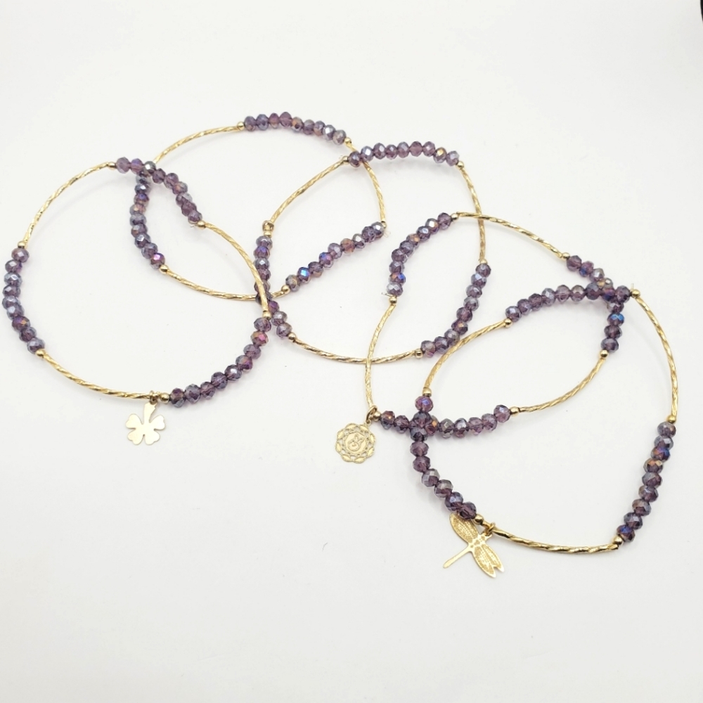 5 Pcs Semanario Bracelet Set Gold Plated Lucky Charms Purple Crystal Beads